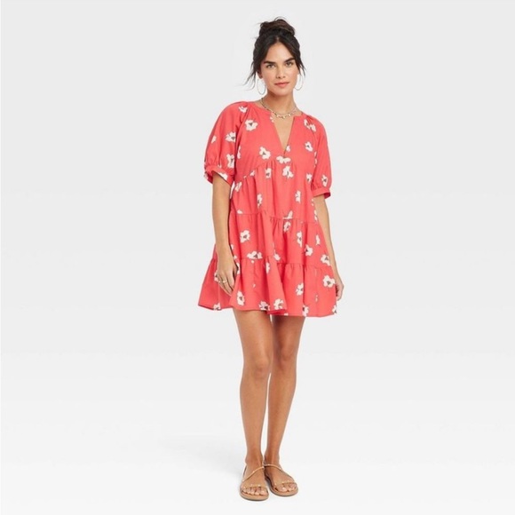 Universal Thread Dresses & Skirts - Women's Puff Elbow Sleeve Crinkle Tiered Dress - Universal Thread Red M